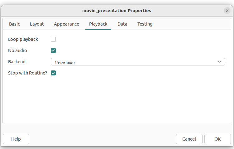 The properties of the movie_species component (Playback Tab).