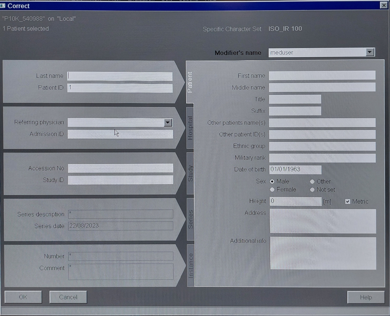 Pop-up window for editing subject or sequence information