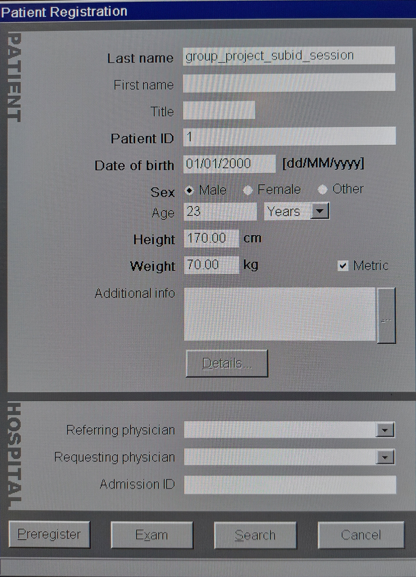 Patient registration panel showing where to enter the subject's last name